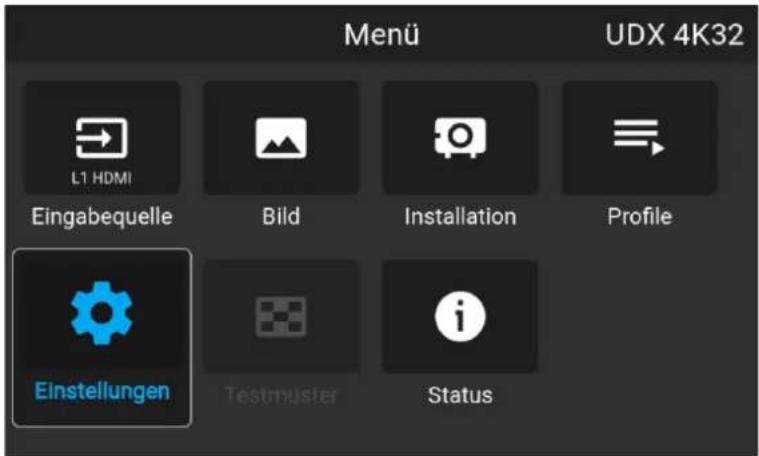 Menü UDX 4K32 L1 HDMI Eingabequelle Bild Installation Profile Einstellungen Testmuster Status