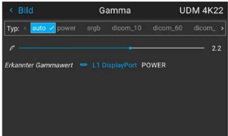 Bild Gamma UDM 4K22 Typ: auto power srgb dicom_10 dicom_60 dicom_ 2.2 Erkannter Gammawert L1 DisplayPort POWER