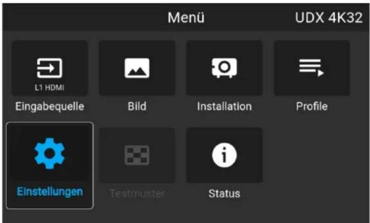 Menü UDX 4K32 L1 HDMI Eingabequelle Bild Installation Profile Einstellungen Testmuster Status