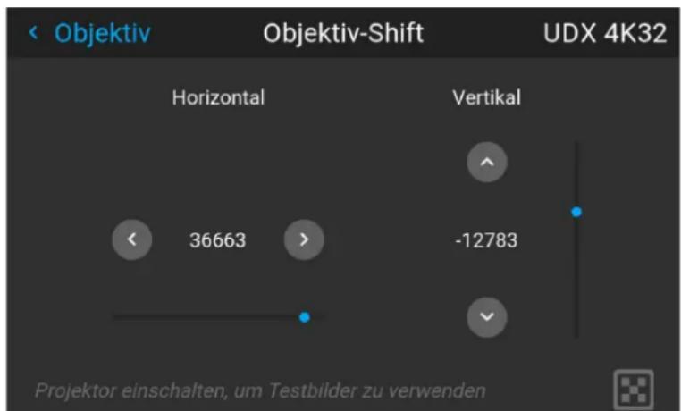 Objektiv Objektiv-Shift UDX 4K32 Horizontal Vertical 36663 -12783 Projektor einschalten, um Testbilder zu verwenden