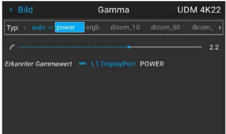 Bild Gamma UDM 4K22 Typ: auto power srgb dicom_10 dicom_60 dicom_> 2.2 Erkannter Gammawert L1 DisplayPort POWER