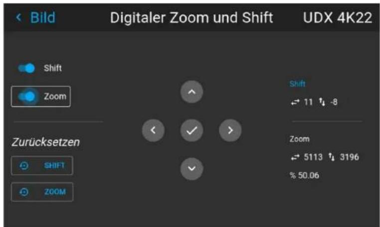 Digitaler Zoom und Shift UDX 4K22 Shift Zoom Zurücksetzen SHIFT ZOOM Shift 11 4 -8 Zoom 5113 4 3196 % 50.06