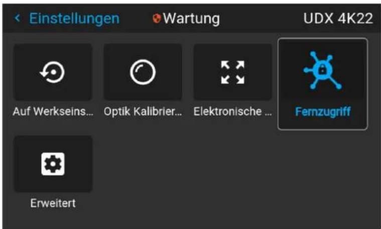 Einstellungen Wartung UDX 4K22 Auf Werkseins... Optik Kalibrier... Elektronische ... Fernzugriff Erweitert