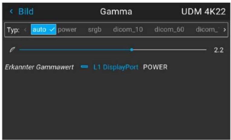 Bild Gamma UDM 4K22 Typ: auto power srgb dicom_10 dicom_60 dicom_ 2.2 Erkannter Gammawert = L1 DisplayPort POWER