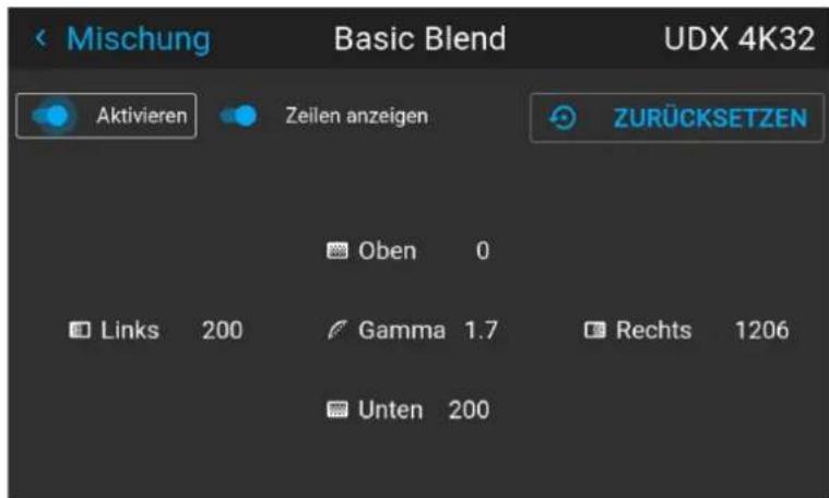 Mischung Basic Blend UDX 4K32 Aktivieren Zeilen anzeigen ZURÜCKSETZEN Oben 0 Links 200 Gamma 1.7 Rechts 1206 Unten 200