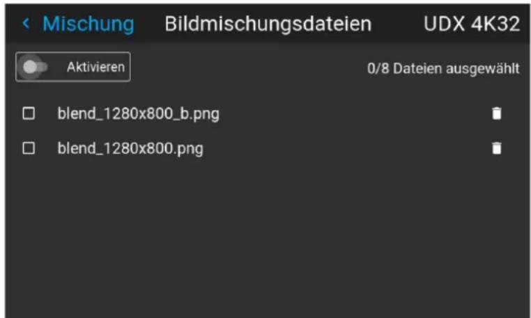 Mischung Bildmischungsdateien UDX 4K32 Aktivieren 0/8 Dateien ausgewählt blend_1280x800_b.png blend_1280x800.png
