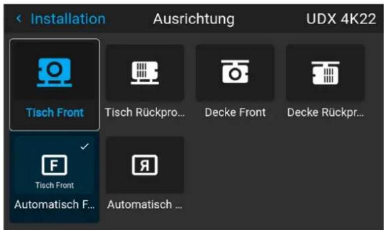 Installation Ausrichtung UDX 4K22 Tisch Front Tisch Rückpro... Decke Front Decke Rückpr... Tisch Front Automatisch F... Automatisch ...