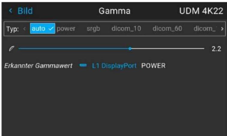 Bild Gamma UDM 4K22 Typ: auto power srgb dicom_10 dicom_60 dicom_> 2.2 Erkannter Gammawert L1 DisplayPort POWER