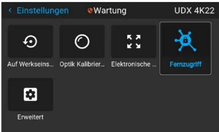 Einstellungen Wartung UDX 4K22 Auf Werkseins... Optik Kalibrier... Elektronische ... Fernzugriff Erweitert