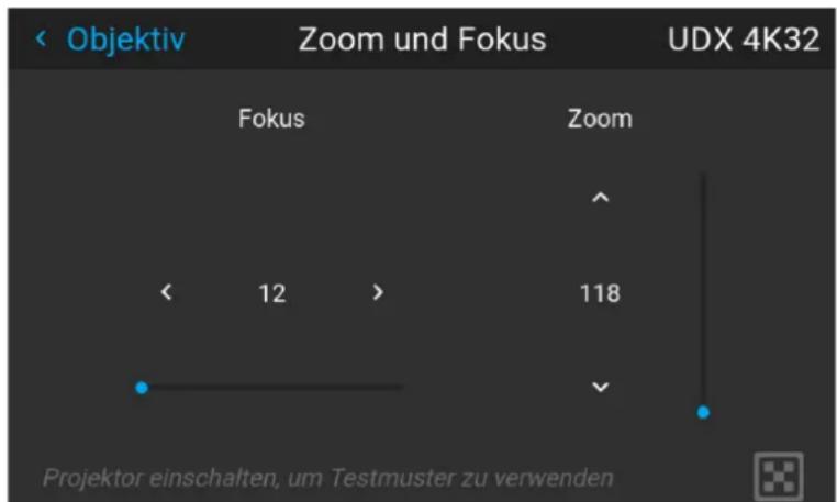 < Objektiv Zoom und Fokus UDX 4K32 Fokus Zoom < 12 > 118 Projektor einschaften, um Testmuster zu verwenden