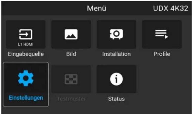 Menü UDX 4K32 L1 HDMI Eingabequelle Bild Installation Profile Einstellungen Testmuster Status