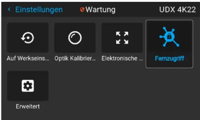 Einstellungen Wartung UDX 4K22 Auf Werkseins... Optik Kalibrier... Elektronische ... Fernzugriff Erweitert