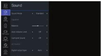 Sound Sound Mode Standard Equalizer Balance Auto Volume Limit OFF Surround Sound OFF 420 Switches Digital output type Auto