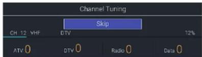 Channel Tuning Skip CH 12 VHF DTV 12% ATV 0 DTV 0 Radio 0 Data 0