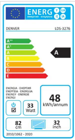 ENERG ENERGIEA EVEYEGIE Y UA E DENVER LDS-3276 A++ A+ A B C D E 48 kWh/annum 33 Watt 82 cm 32 inch 2010/1062 - 2020
