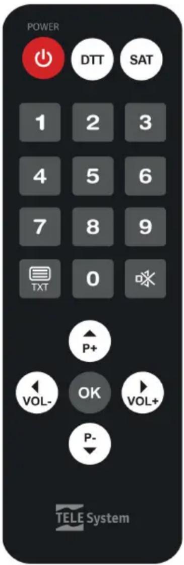 POWER DTT SAT 1 2 3 4 5 6 7 8 9 TXT 0 P+ VOL- OK VOL+ P- TELE System