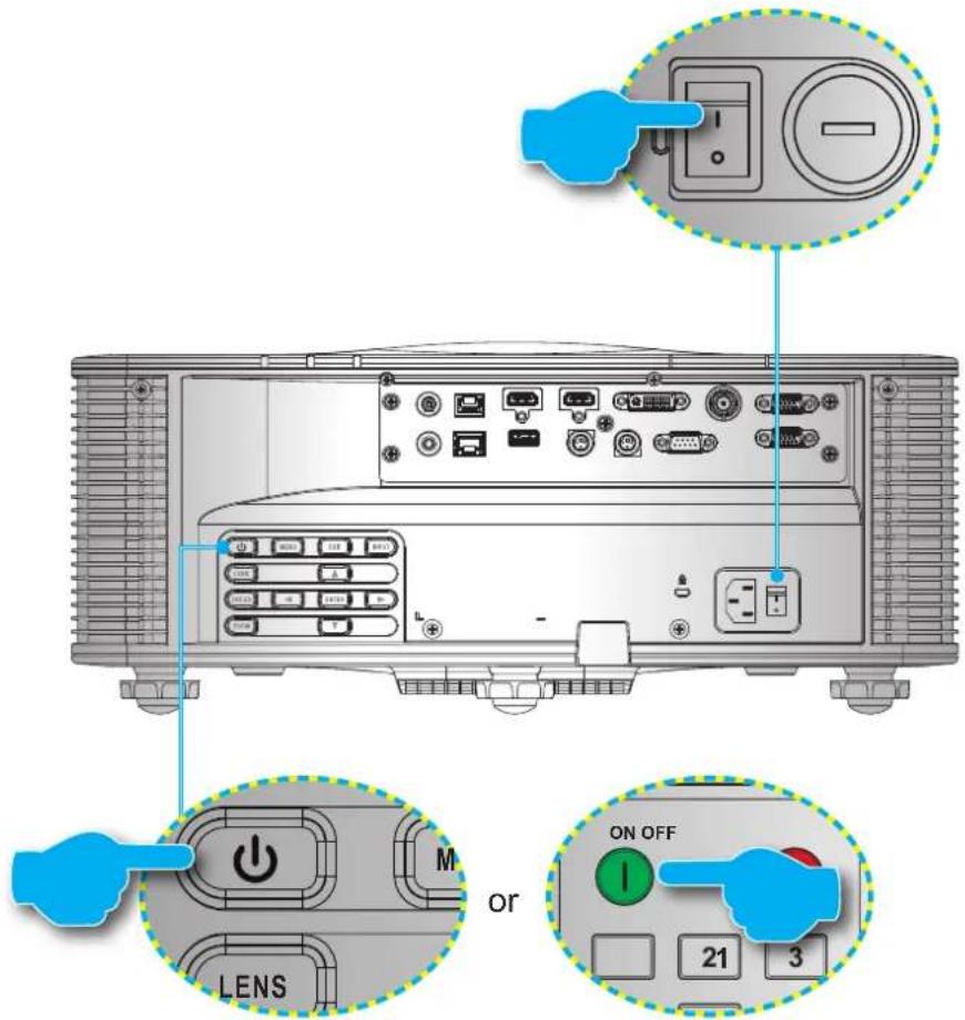 Diagram of a projector module with labeled ports and control buttons, showing front, side, and interior views with Chinese annotations.