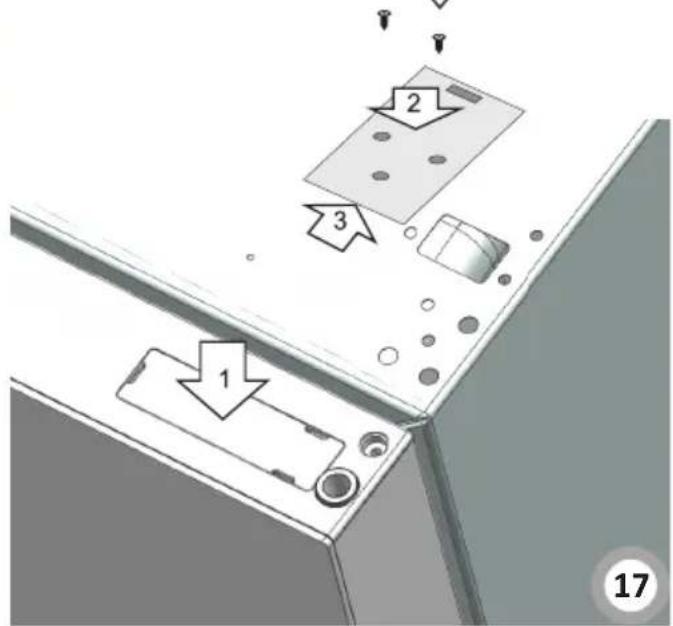 Diagram showing a device with labeled parts including a door, lock, and buttons, marked with arrows 1, 2, and 3.
