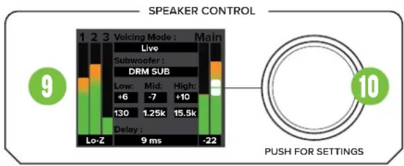 SPEAKER CONTROL 1 2 3 Voicing Mode : Main Live Subwoofer : DRM SUB Low: Mid: High: +6 -7 +10 130 1.25k 15.5k Delay : Lo-Z 9 ms -22 9 10 PUSH FOR SETTINGS