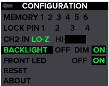 CONFIGURATION MEMORY 1 2 3 4 5 6 LOCK PIN 1 2 3 4 CH2 IN LO-Z HI-Z BACKLIGHT OFF DIM ON FRONT LED OFF ON RESET ABOUT