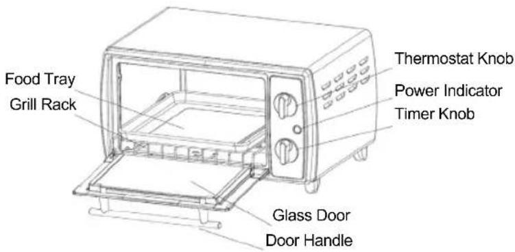 Food Tray Grill Rack Thermostat Knob Power Indicator Timer Knob Glass Door Door Handle