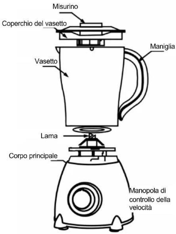 Misurino Coperchio del vasetto Vasetto Maniglia Lama Corpo principale Manopola di controllo della velocità