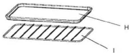 Technical diagram of two rectangular trays labeled H and I, showing internal structure with parallel lines.