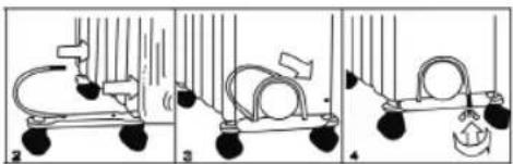 Diagram showing three sequential steps of a mechanical device with labeled parts and motion indicators
