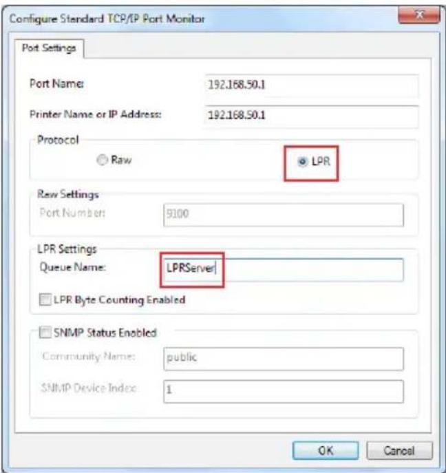 Configure Standard TCP/IP Port Monitor Port Settings Port Name: 192.168.50.1 Printer Name or IP Address: 192.168.50.1 Protocol Raw LPR Raw Settings Port Number: 9100 LPR Settings Queue Name: LPRServer LPR Byte Counting Enabled SNMP Status Enabled Community Name: public SNMP Device Index: 1 OK Cancel