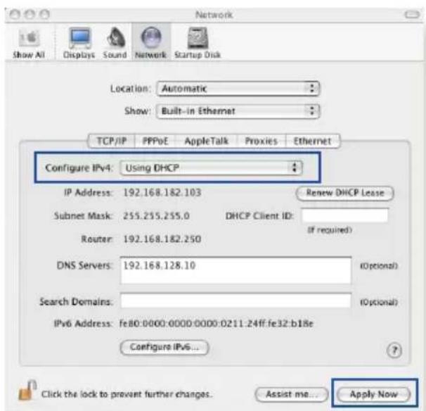 Network Show All Displays Sound Network Startup Disk Location:Automatic Show:Built-in Ethernet TCP/IP PPPoE AppleTalk Proxies Ethernet Configure IPv4:Using DHCP IP Address:192.168.182.103 Renew DHCP Lease Subnet Mask:255.255.255.0 DHCP Client ID: Router:192.168.182.250 (if required) DNS Servers:192.168.128.10 (Optional) Search Domains: (Optional) IPv6 Address:fe80:0000:0000:0000:0211:24ff:fe32:b18e Configure IPv6... Click the lock to prevent further changes. Assist me... Apply Now