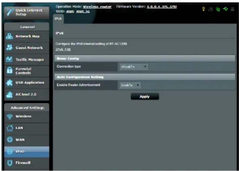 Quick Internet Setup General Network Map Guest Network Traffic Manager Parental Controls USB Application AiCloud 2.0 Advanced Settings Wireless LAN WAN IPv6 Firewall Operation Mode: wireless router Firmware Version: 1.0.0.4.176.1792 SSID: ASIS ASIS_SG IPv6 IPv6 Configure the IPv6 Internet setting of RT-AC1200 IPv6_EAQ Basic Config Connection type Disable Auto Configuration Setting Enable Router Advertisement Enable Apply