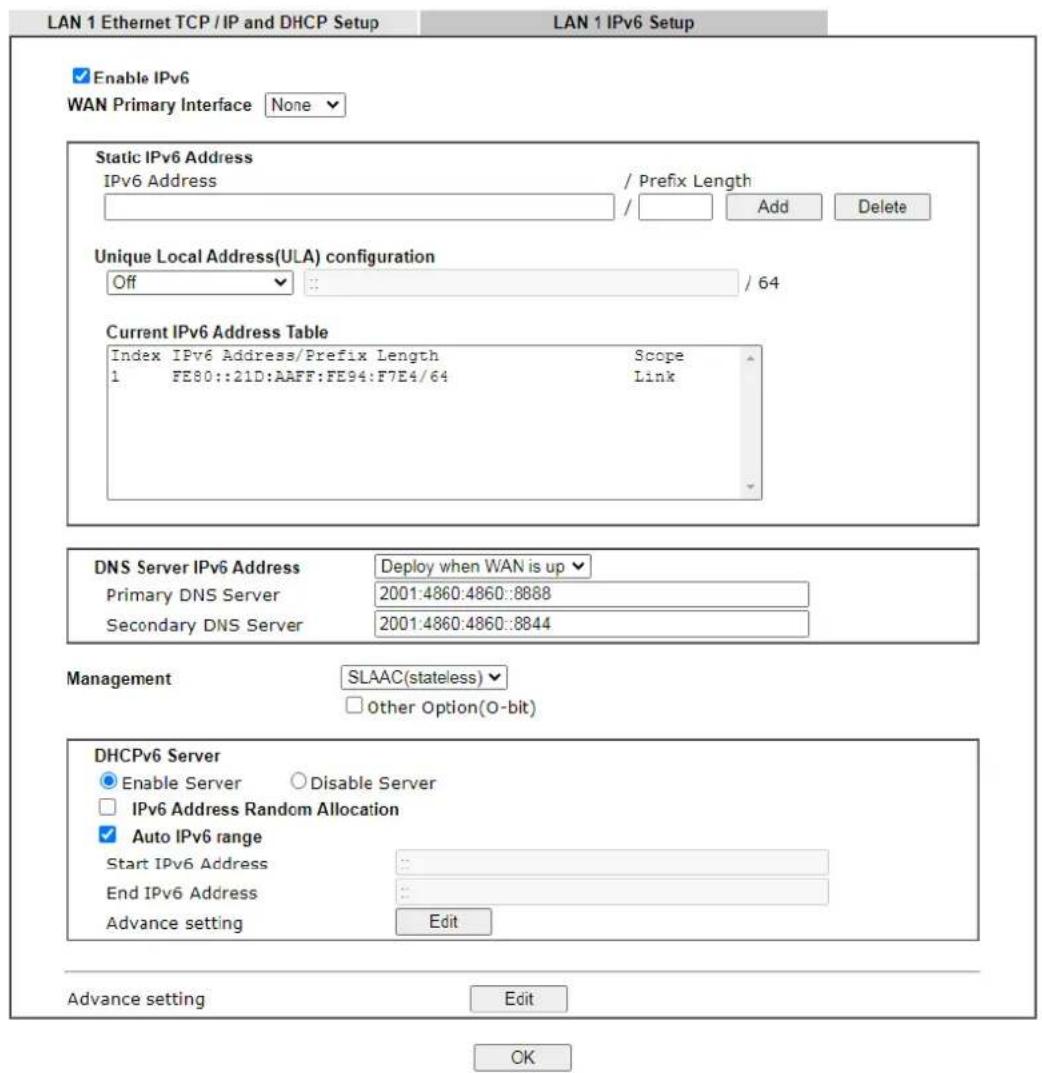 Draytek VigorLTE 200n - II-3-1-4 Details Page for LAN IPv6 Setup - 1