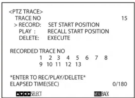 TRACE NO 15 > RECORD: SET START POSITION PLAY : RECALL START POSITION DELETE: EXECUTE RECORDED TRACE NO 1 2 3 4 5 6 7 8 9 10 11 12 13 *ENTER TO REC/PLAY/DELETE* ELAPSED TIME(SEC) 0/180 ▼▼▼ SELECT MENBACK
