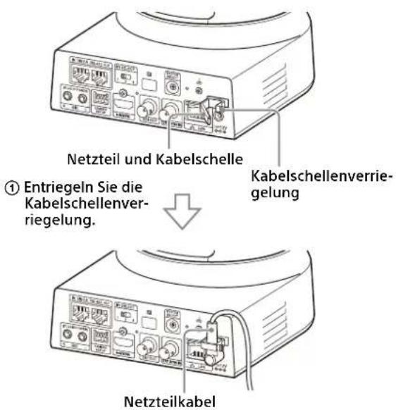 Netzteil und Kabelschelle ① Entriegeln Sie die Kabelschellenverriegelung. Kabelschellenverriegelung Netzteilkabel