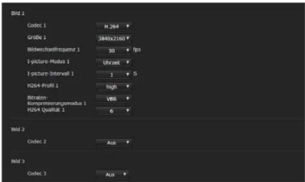 Bild 1 Codec 1 H.264 ▼ Größe 1 3840x2160 ▼ Bildwechselfrequenz 1 30 fps I-picture-Modus 1 Uhrzeit ▼ I-picture-Intervall 1 1 5 H264-Profil 1 high ▼ Bitralen- Komprimierungsmodus 1 VBR ▼ H264-Qualität 1 6 ▼ Bild 2 Codec 2 Aus ▼ Bild 3 Codec 3 Aus ▼