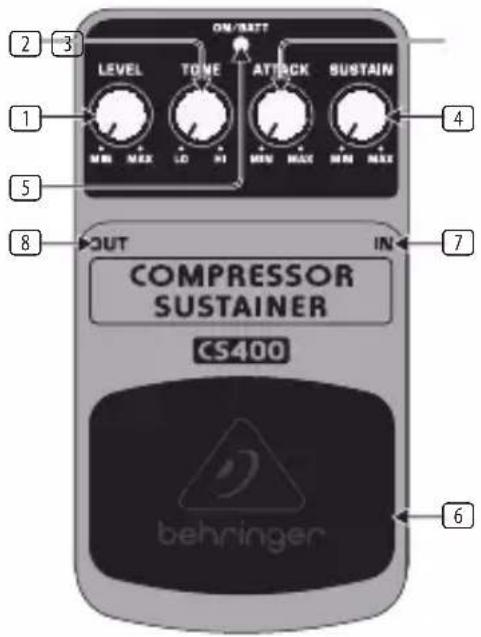 ON/BATT LEVEL TONE ATTACK SUSTAIN MIN MAX LD HI MIN MAX MIN MAX COMPRESSOR SUSTAINER CS400 behringer