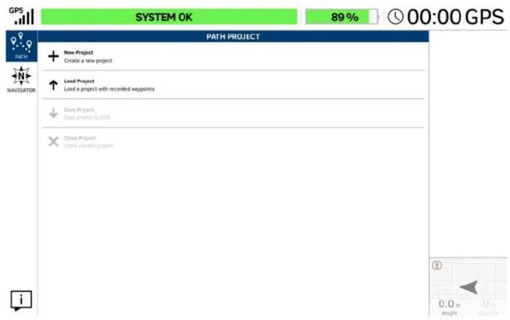 GPS SYSTEM OK 89 % 00:00 GPS PATH PROJECT + New Project Create a new project ↑ Load Project Load a project with recorded waypoints ↓ Save Project Save project to USD × Close Project Close output if part of the project