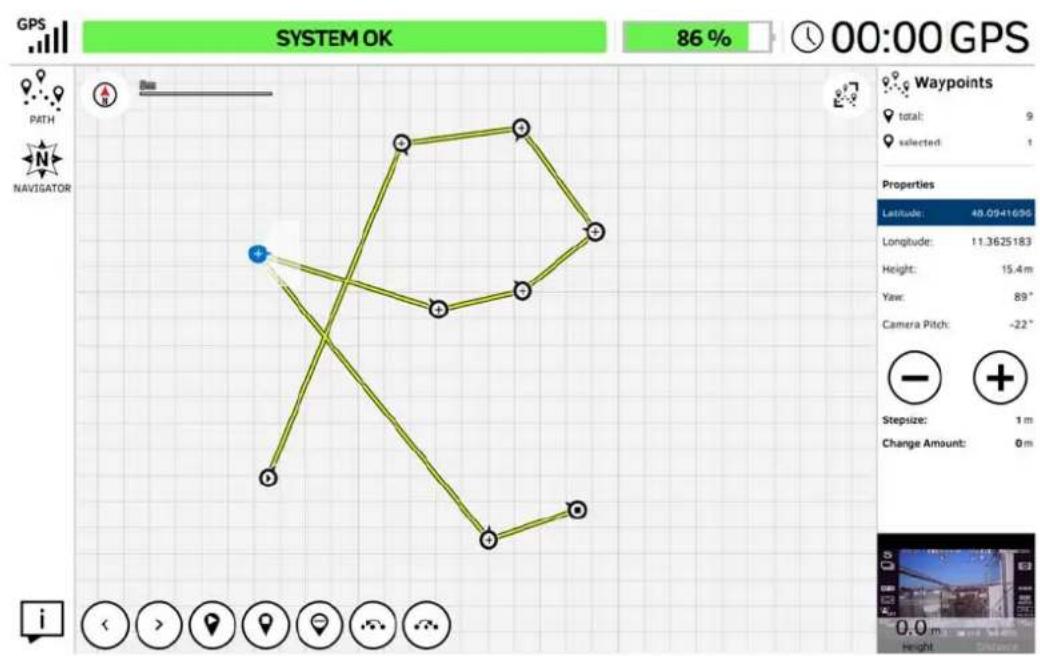 GPS SYSTEM OK 86 % 00:00 GPS PATH N NAVIGATOR Waypoints total: 9 selected: 1 Properties Latitude: 48.09+1696 Longitude: 11.3625183 Height: 15.4m Yaw: 89° Camera Pitch: -22° Stepsize: 1m Change Amount: 0m i < > > > > > >