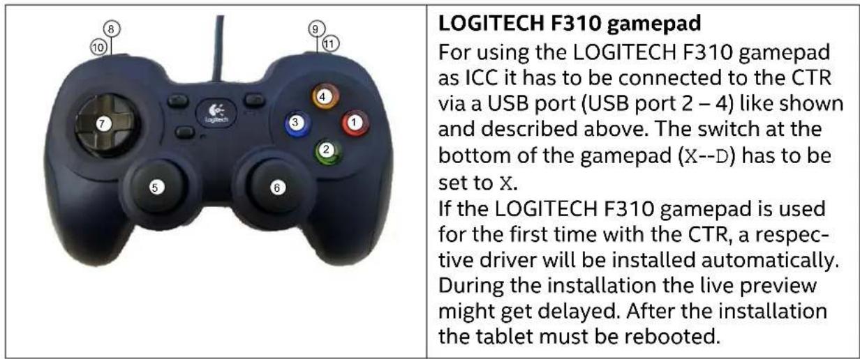 LOGITECH F310 gamepad For using the LOGITECH F310 gamepad as ICC it has to be connected to the CTR via a USB port (USB port 2 - 4) like shown and described above. The switch at the bottom of the gamepad (X--D) has to be set to X. If the LOGITECH F310 gamepad is used for the first time with the CTR, a respec- tive driver will be installed automatically. During the installation the live preview might get delayed. After the installation the tablet must be rebooted.