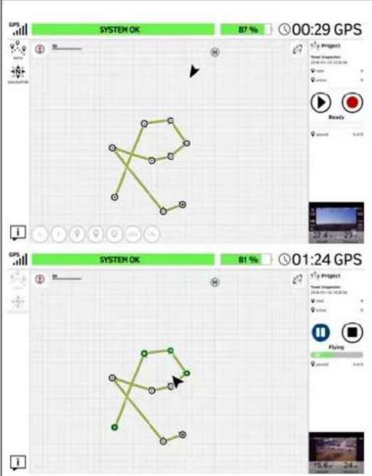 GPS SYSTEM OK 87 % 00:29 GPS Project Name: Spagardier 2016-04-12 10:30:00 View: Action: Ready Passed i GPS SYSTEM OK 81 % 01:24 GPS Project Name: Spagardier 2016-04-12 10:30:00 View: Action: Flying Passed i