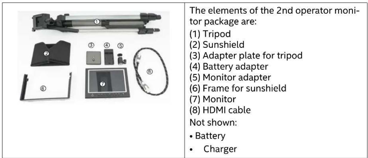 The elements of the 2nd operator moni- tor package are: (1) Tripod (2) Sunshield (3) Adapter plate for tripod (4) Battery adapter (5) Monitor adapter (6) Frame for sunshield (7) Monitor (8) HDMI cable Not shown: • Battery • Charger