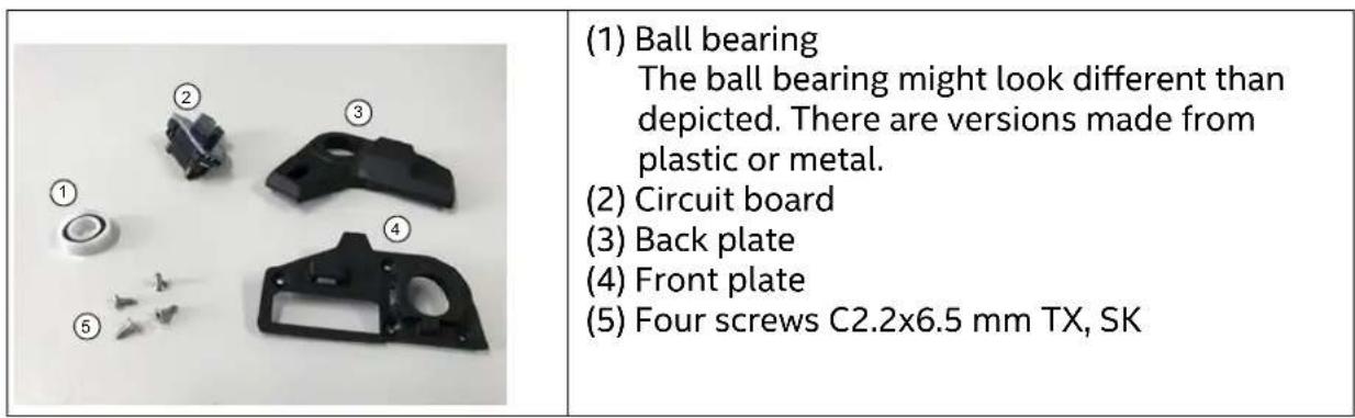(1) Ball bearing The ball bearing might look different than depicted. There are versions made from plastic or metal. (2) Circuit board (3) Back plate (4) Front plate (5) Four screws C2.2x6.5 mm TX, SK