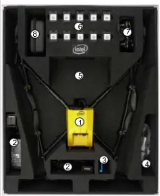 Labeled diagram of an electronic device interior showing numbered components including a yellow device and Intel branding.