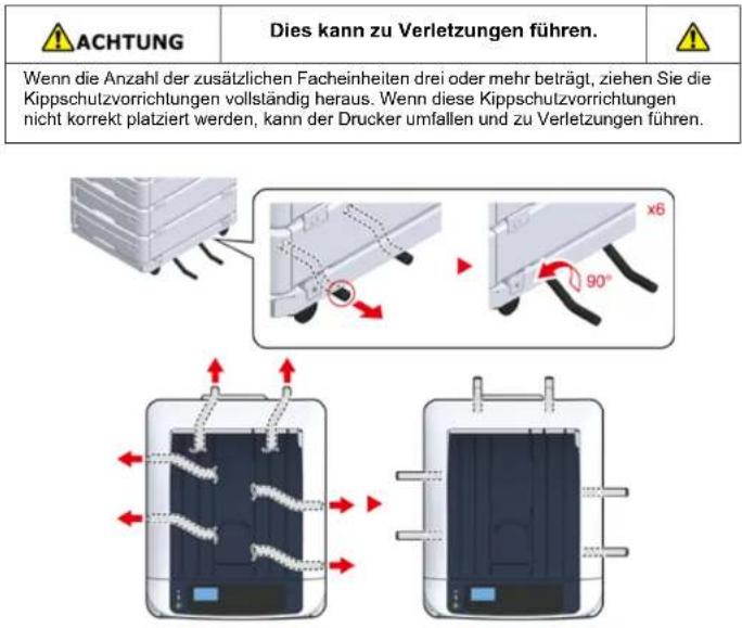 ACHTUNG Dies kann zu Verletzungen führen. Wenn die Anzahl der zusätzlichen Facheinheiten drei oder mehr beträgt, ziehen Sie die Kippschutzvorrichtungen vollständig heraus. Wenn diese Kippschutzvorrichtungen nicht korrekt platziert werden, kann der Drucker umfallen und zu Verletzungen führen.