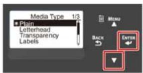 Media Type 1/3 Plain Letterhead Transparency Labels Menu Back Enter