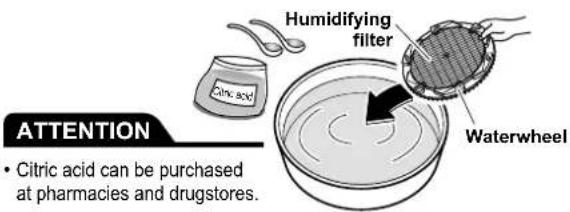 ATTENTION • Citric acid can be purchased at pharmacies and drugstores. Humidifying filter Waterwheel