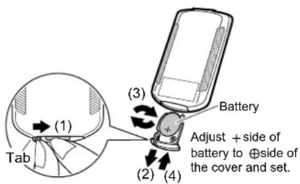 Tab (1) (2) (3) (4) Battery Adjust + side of battery to ⊕side of the cover and set.