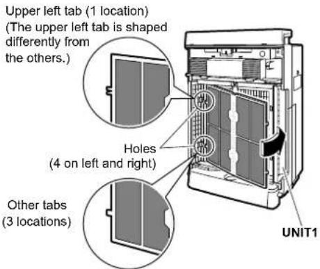 Upper left tab (1 location) (The upper left tab is shaped differently from the others.) Holes (4 on left and right) Other tabs (3 locations) UNIT1