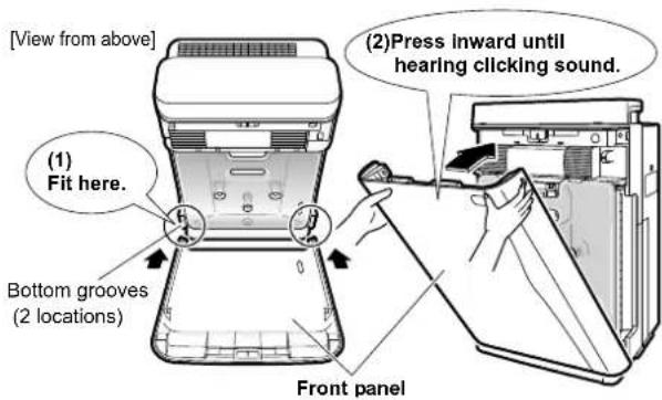 [View from above] (1) Fit here. Bottom grooves (2 locations) Front panel (2)Press inward until hearing clicking sound.