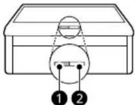 Diagram of a box with labeled parts, showing two circular components and numbered labels 1 and 2.